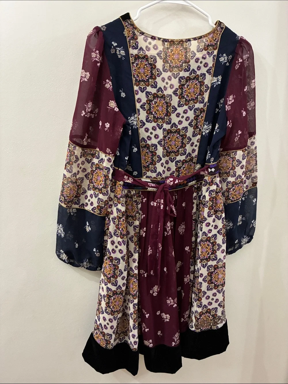 Maeve Anthropologie- Boho Floral Patchwork Dress - Burgundy & Navy - small